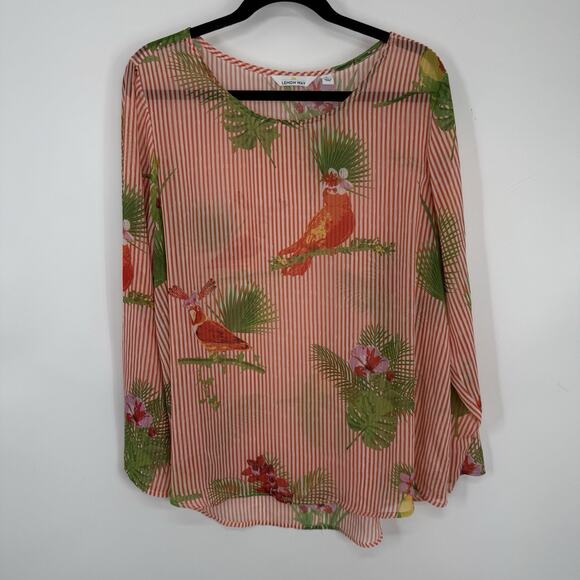 Lemon Way Sheer Chiffon Top Size XL Tropical Bird Parrot long Sleeve Pullover - Picture 7 of 10